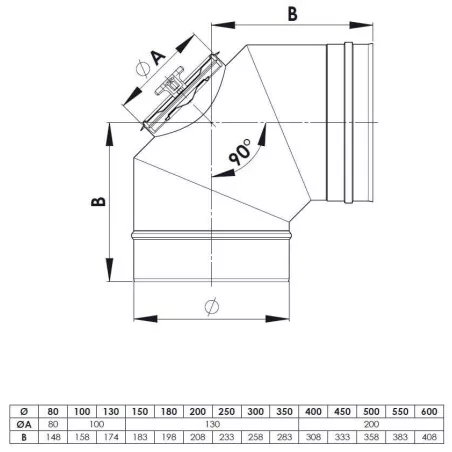 plan coude 90 trappe d'inspection - conduit de fumée simple paroi