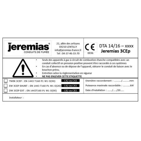 étiquette signalétique DTA 3CEp - accessoire conduit de fumée