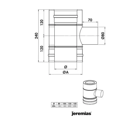 plan té 90 inox entrée d'air 80 mm mâle - conduit de fumée concentrique pour poêle à pellet